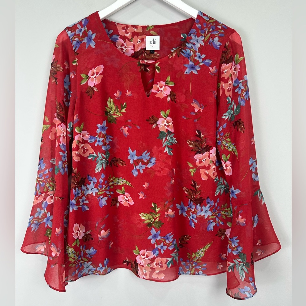 CAbi Red Floral Devoted Women’s Semi Sheer Bell Sleeve Blouse Top Shirt small - Picture 2 of 13